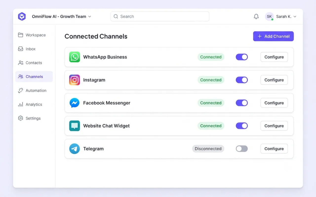 Rockybot Workspace channels page